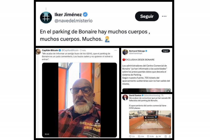 <p>Tuits de Iker Jiménez, Capitán Bitcoin, Bertrand Ndongo y David Santos en los que difunden el bulo de los fallecidos en el parking de Bonaire. /<strong> @Loloutlaw</strong></p>