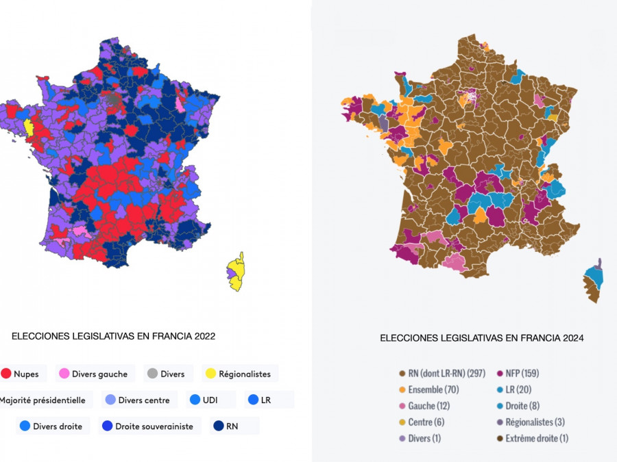 <p>Resultados de la primera vuelta de las elecciones legislativas de 2022 (izquierda) y 2024 (derecha), circunscripción por circunscripción. <strong>/ Fuente:  <em>Franceinfo</em> (2022) y <em>Le Monde</em> (2024)</strong></p>