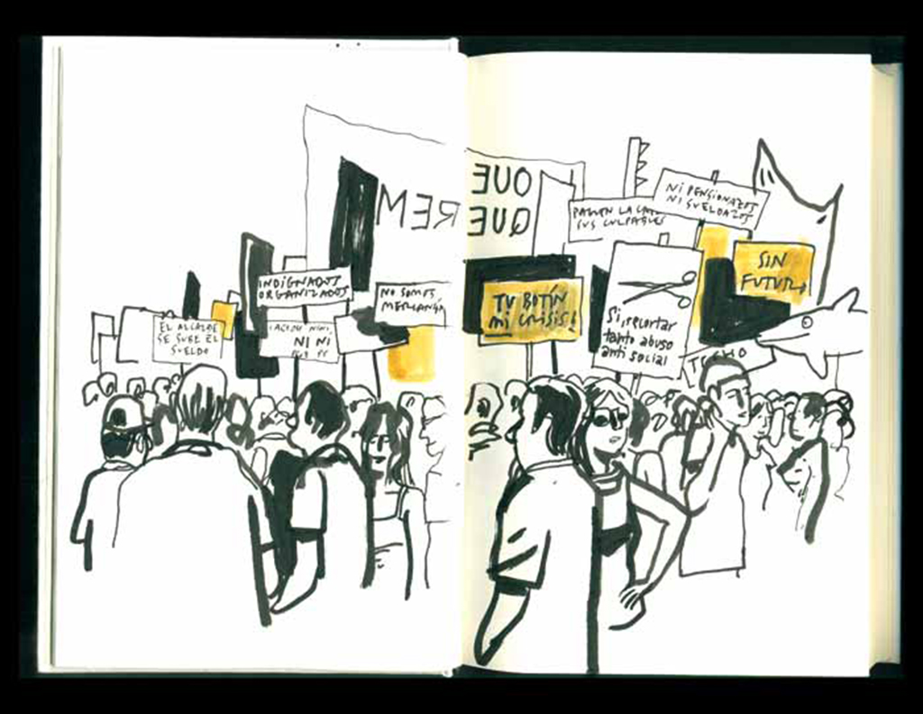 Enrique Flores anota en sus diarios dibujados estampas de calle como el 15-M.