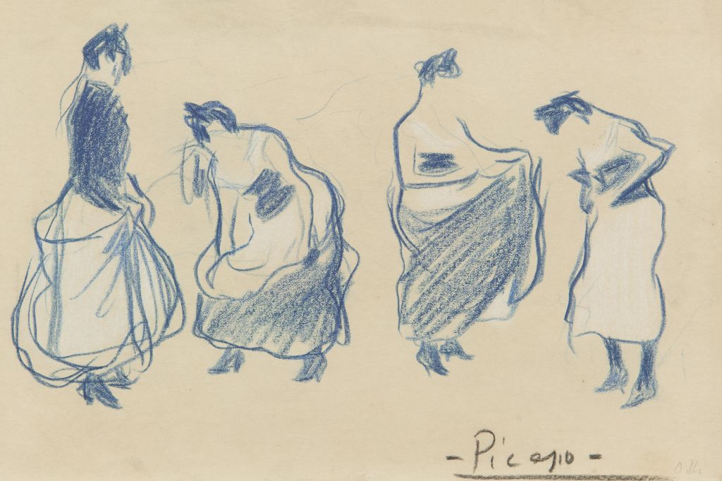 <p>Pablo Ruíz Picasso, <em>Cuatro mujeres</em>, 1990. Lápiz azul sobre papel. Colección de Arte Abanca.</p>
