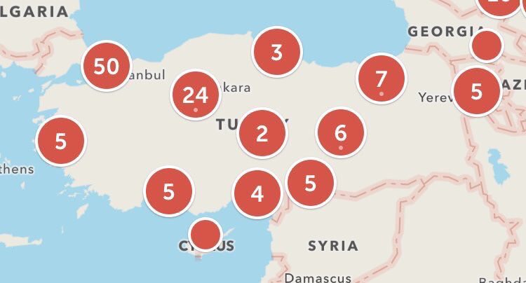 <p>Mapa de emisiones simultáneas  a través de Periscope durante el intento de golpe de Estado en Turquía.</p>