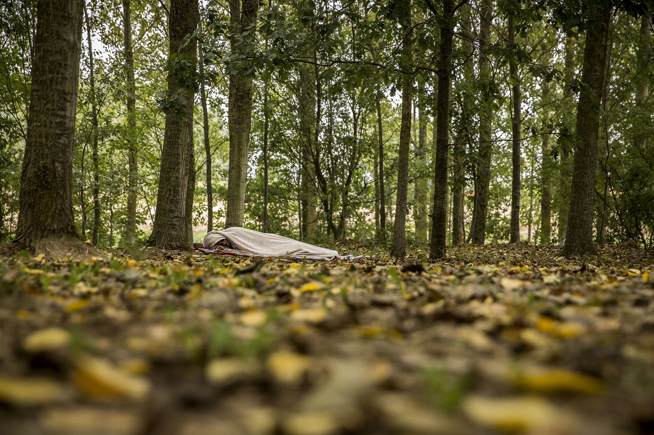 <p>Un hombre duerme en el bosque cerca del sector del campamento en el que vive ante la sobresaturación existente. </p>