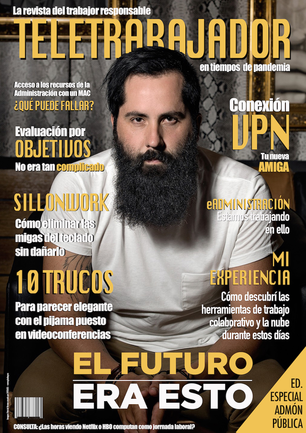 <p>Revista ficticia <em>Arquetipos de cuarentena </em>(nº13, 'Teletrabajador').</p>